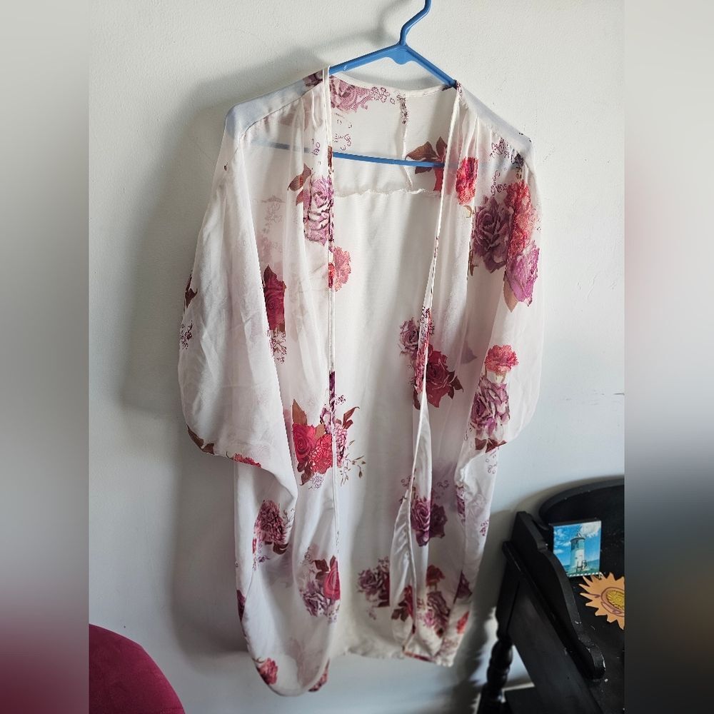 Floral Sheer Flowy Kimono Cardigan Romantic Layering Top